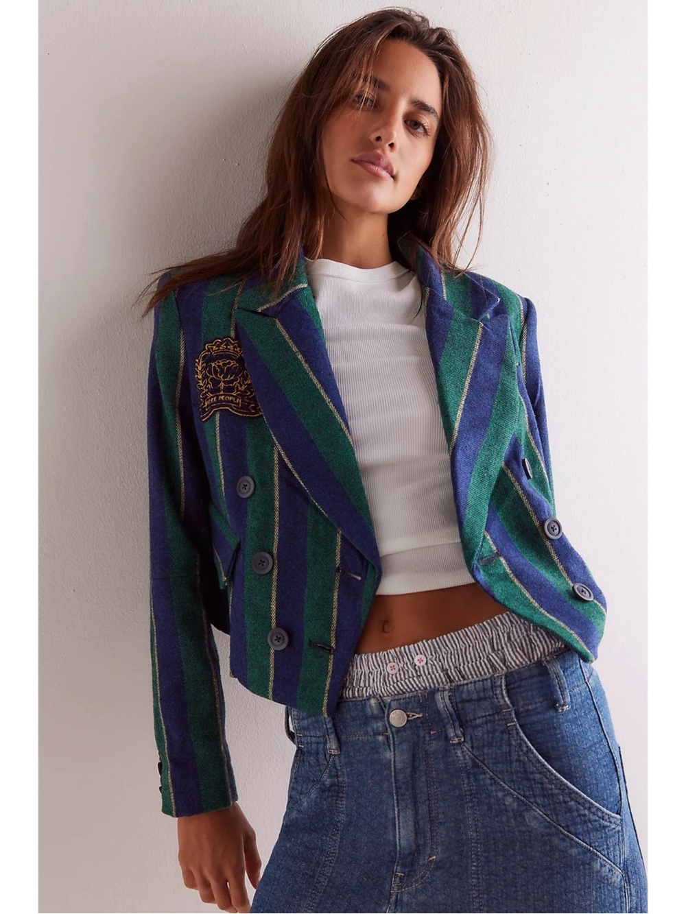 Free People Vintage Inspired Double Breasted Cropped Betty Striped Blazer Medium